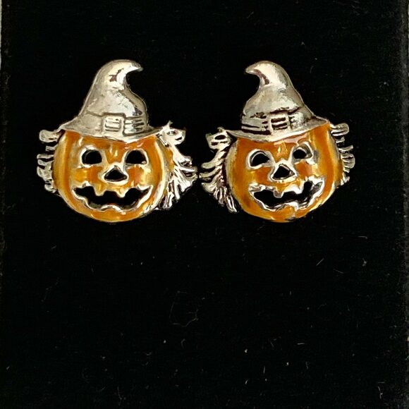 Vintage Jack O Lantern Pumpkin Post Stud Earrings Orange Halloween Scarecrow - Picture 2 of 10